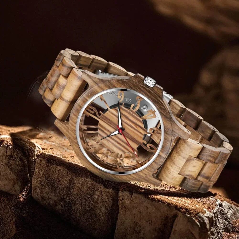 Lightweight Wooden Watch Men Analogue Silver Brown Natural Wood Timepiece Gift